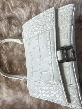 Balenciaga White Croc-Embossed Shoulder Bag with Silver 'B' Clasp